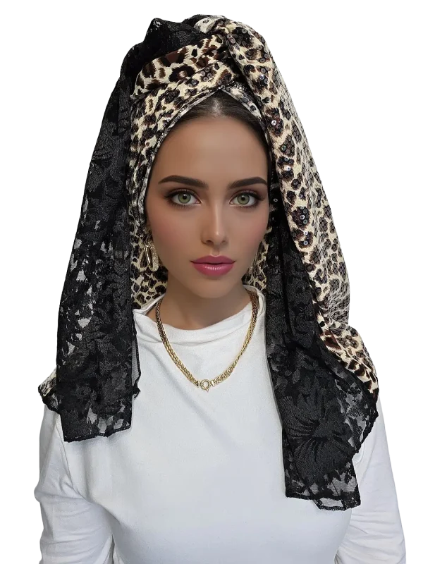מטפחת לונג מעיין שחורה יוקרתית עם תחרה ופייטים נוצצים
