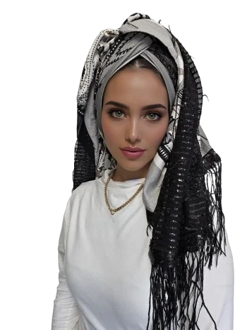 מטפחת דקלה אפורה עם דוגמה אתנית ופייטים בגימור מט