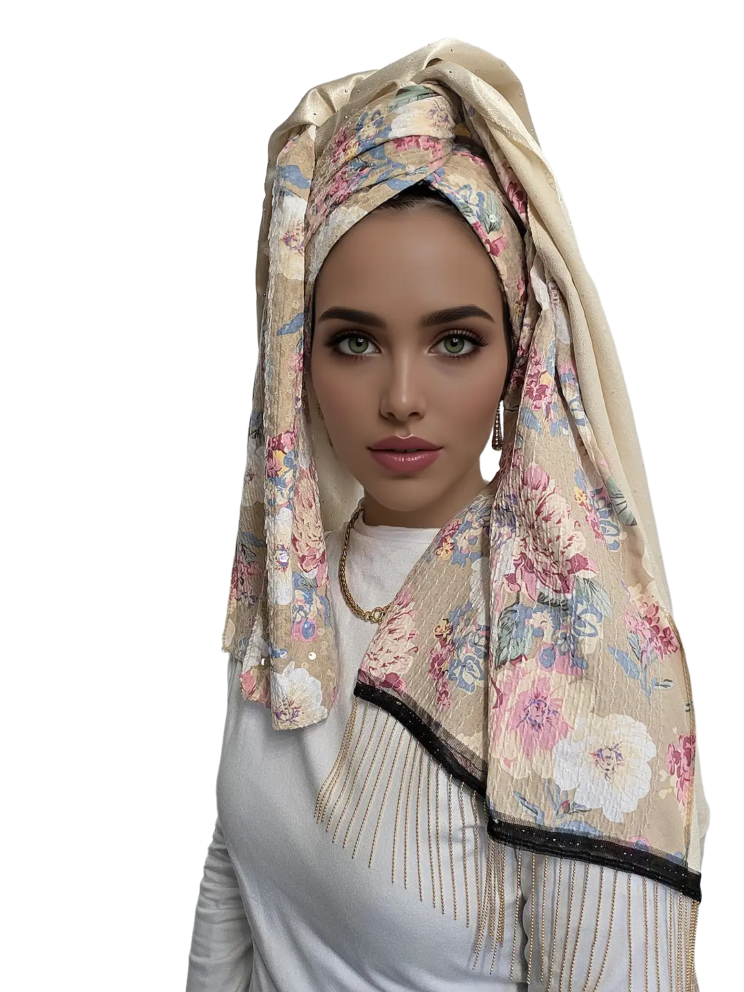 headscarf-female-light-brown-20004545-13 מטפחת אביגיל לונג בצבע חום בהיר עם עיטורי אבני חן ותחרה למראה חגיגי