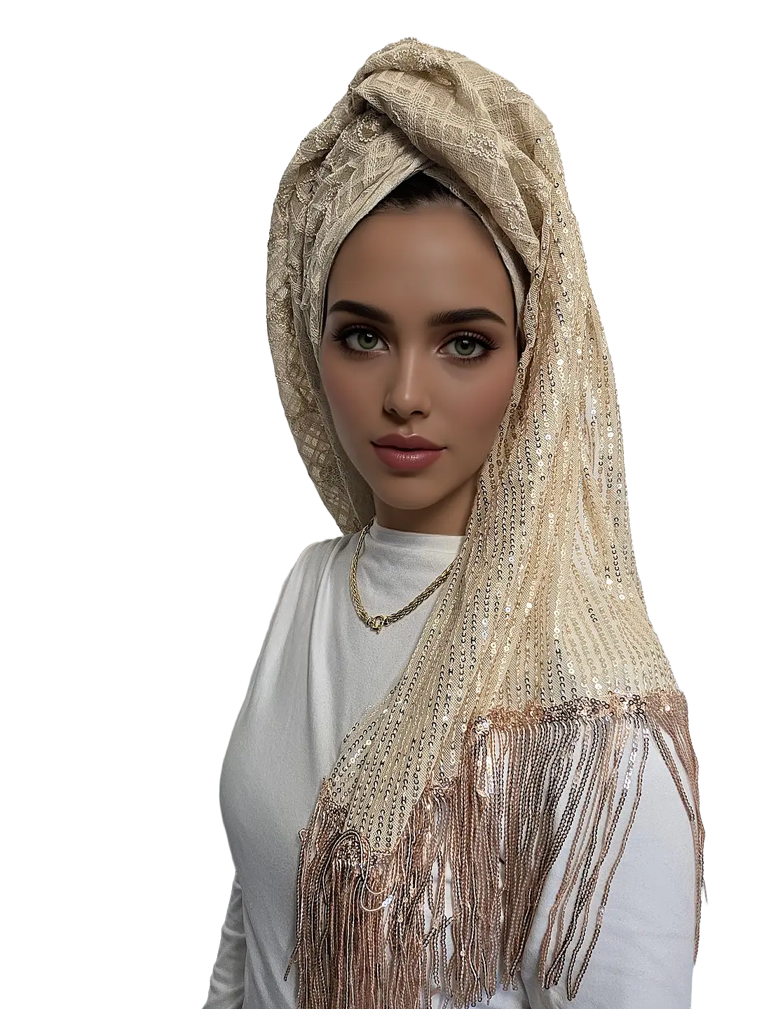 headscarf-female-mocha-20004231-5 מטפחת לונג אלונה בגוון מוקה עם עיטורי פייטים ופרנזים יוקרתיים