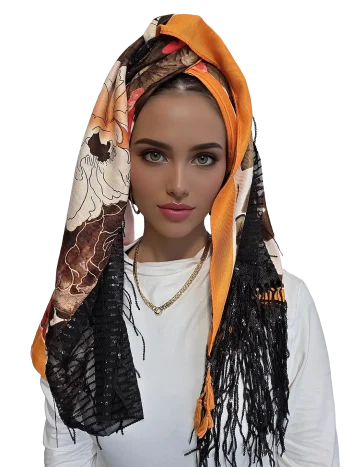מטפחת דקלה כתומה עם הדפס אתני עדין ועיטורי פייטים