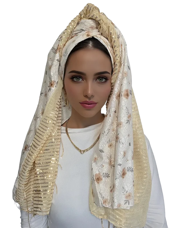 מטפחת מורן בגוון אפרסק עם שילוב תחרה ופייטים למראה חגיגי