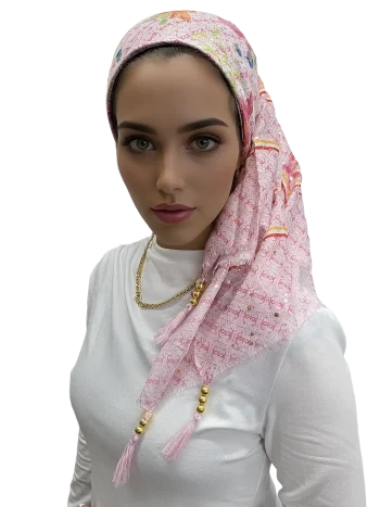מטפחת יולי ורודה מודפסת עם עיטורי טאסלים נשיים
