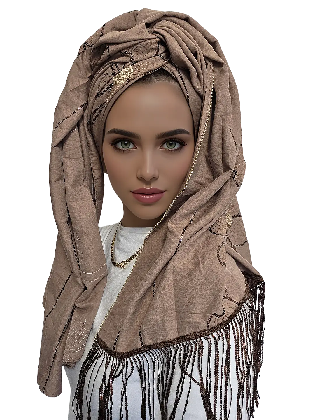 headscarf-female-chocolate-brown-10009000-5 מטפחת שקד חגיגית בצבע חום שוקולד עם רקמה פרחונית ואבני חן