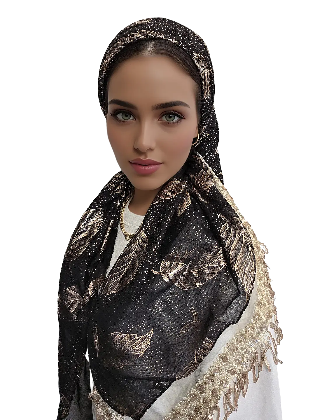 headscarf-female-black-20005962-3 מטפחת מרובעת שחורה לינור מעוטרת בתחרה ופייטים נוצצים לאירועים וחגים
