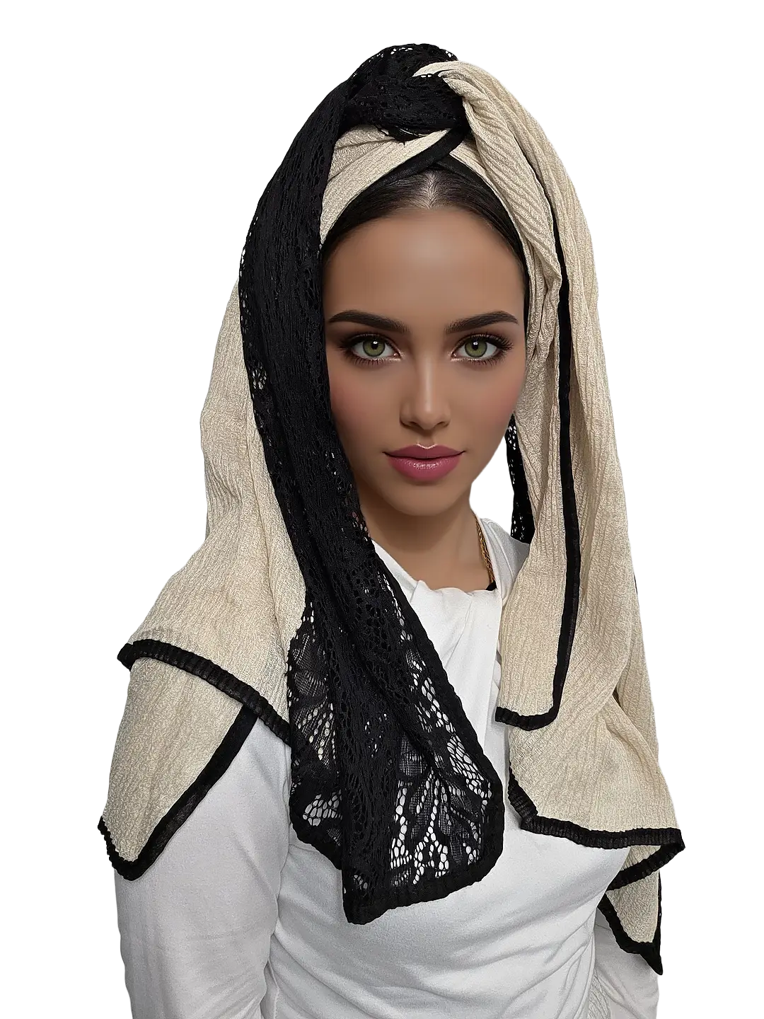 headscarf-female-cream-20005894-2 מטפחת לונג חגיגית רחל בגוון קרם קלאסי עשיר בפליסה ותחרה רומנטית לאירועים